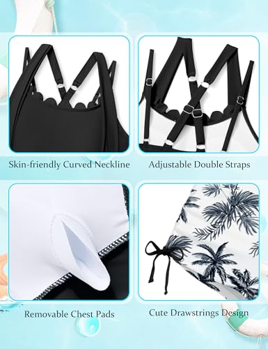 Image of Girls Swimsuit 2 Piece Halterneck Cross Straps Girls Tankini Top Drawstring Prints Shorts Bathing Suit for Teens 9-16Y