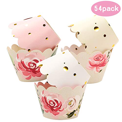 BAKHUK 54pcs Floral Cupcake Wrappers in 6 Patterns, Adjustable Double Side Wrapper