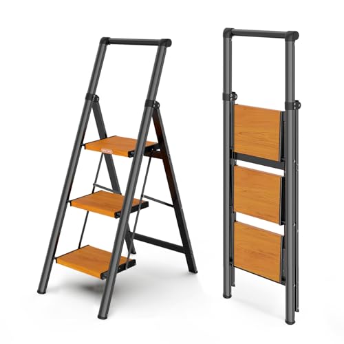 WOA WOA 3 Step Ladder, Ladders for Home, Anti-Slip Pedals, Aluminum Step Stool Foldable, Lightweight to Move, Ease of Storage, Reach 8ft for Closet Kitchen Library, Hold 300lbs – Black&Wood Grain