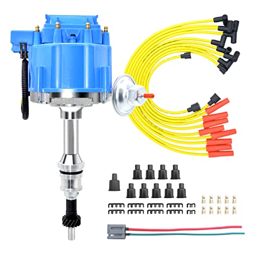 ford dui distributor - MAS Premium HEI Ignition Distributor 65K Volt &Performance Spark Plug Wire &Free Pigtail Battery Wiring Harness Replacement for SBF Ford Small Block 260 289 302 1030213 PE330U（Blue Racing Kit)