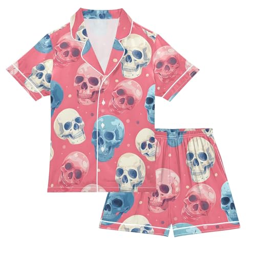 ALAZA Sugar Skull Funny Stylish Pajamas Satin Pajama Set Short Sleeve Button Down Sleepwear