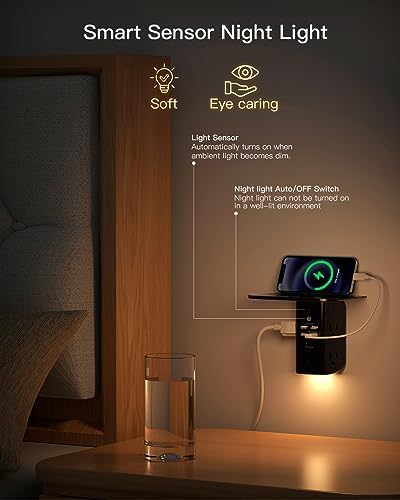 Wall Outlet Extender with Shelf and Night Light,Surge Protector,USB Wall Charger with 5 USB Outlets and 3 USB Ports 1 USB C Outlet - 2