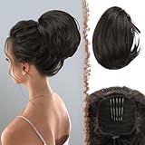 FESHFEN Hair Bun Hairpiece Fully Short Ponytail Bun Black Brown Hair Chignon with Comb Clip Bun Updo Drawstring Bun Synthetic Hair Pieces Extension for Women