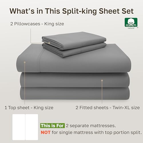 Image of California Design Den Split King Sheet Set - 100% Cotton, 600 Thread Count, Breathable Luxury King Size Sheets for Adjustable Bed, Luxury Hotel-Quality Sheets with Soft Sateen Weave - Mist Grey