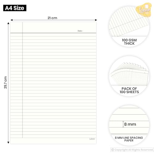Image of Lakeer A4 Single Side Ruled Paper - 100 GSM Thick Paper, Pack of 100 Sheets | Ideal for Projects, Assignments, Practicals, and Homework (Ivory)