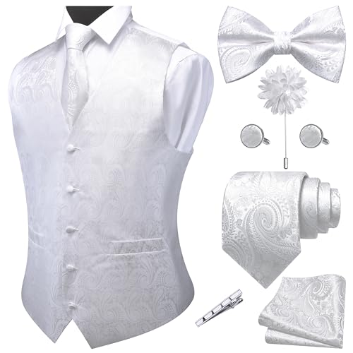 GUSLESON White Vest Paisley Suit Vest Tie and Bow Tie Set Silk Floral Waistcoat Necktie and Pocket Square Lapel Pin Set (0808-11-M)