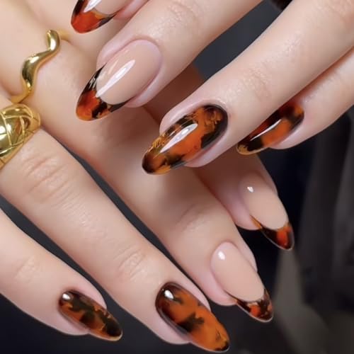 Press on Nails Medium Almond MABKJLF French Tip Fake Nails False Nails with Designs Ink Smudge Black & Orange Full Cover Glossy Glue on Nails Acrylic Nails for Women Girls 24 Pcs