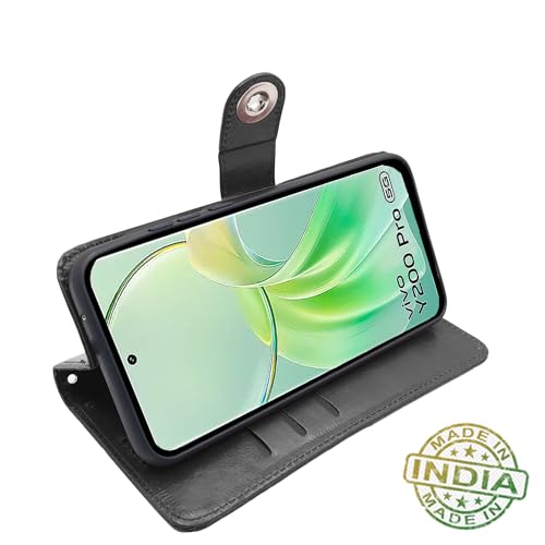 Image of Pikkme Vivo Y200 Pro 5G Flip Cover Leather Finish | Inside TPU with Card Pockets | Wallet Stand and Shock Proof | Complete Protection Button Flip Case (Black)
