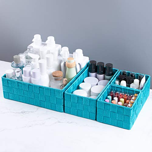 Posprica Woven Storage Baskets for Organizing, Small Black Baskets Cube Bin Container Tote Organizer Divider for Drawer, Closet, Shelf, Dresser, Set of 4(Aqua)