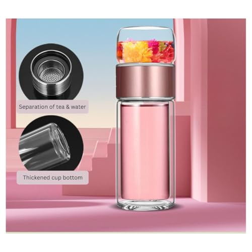 Image of Wosta Leakproof Glass Water Bottle with Stainless Steel Infuser Glass Tea Infuser Bottle with Strainer and Neoprene Sleeve for Loose Leaf Tea, Cold Brew Coffee. (F - ROSE GOLD PINK, 350ML)