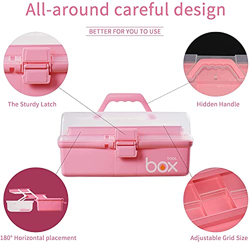 Creahaus 30,5cm 3-Regal Mehrzweck-Aufbewahrungsbox, Sortierbox, Organizer Box, Bastelbox, Nähkasten, Medizinkoffer, Toolbox, Angelkoffer mit 2 Regalen (Rosa)