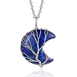 Bestyle Tree of Life Crescent Moon Necklace, Nature Lapis Lazuli Gemstones Healing Crystal Necklaces, September Birthstone Pendant for Women, Gift for Mother/Grandma/Wife/Daughter/Sister