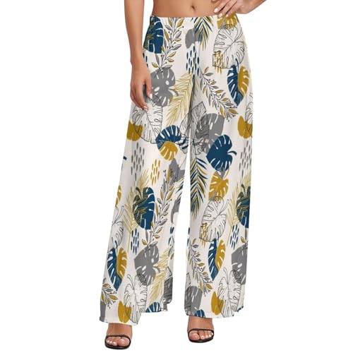 VOSERY Palazzo Pants for Women - Hawaiian Style Gold Leaves Comfy Casual Womens Wide Leg Pants Baggy Lounge Pants