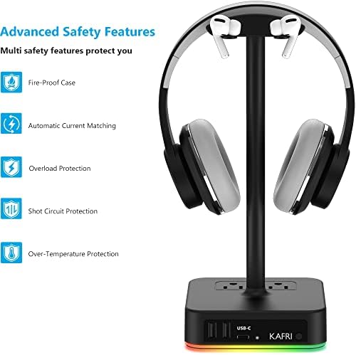KAFRI RGB Headphone Stand with USB A&C Charger Desk Gaming Headset Holder Hanger Rack with 3 USB Charging Port and 2 Outlet - Suitable for Gamer Desktop Table Game Earphone Accessories Boyfriend Gifts - 5