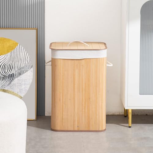 Image of LUXE HOME INTERNATIONAL Stripe Bamboo Laundry Basket with Lid | Eco-Friendly, Foldable & Lightweight Organizer (Natural, 40x30x60 cm, Pack of 1)