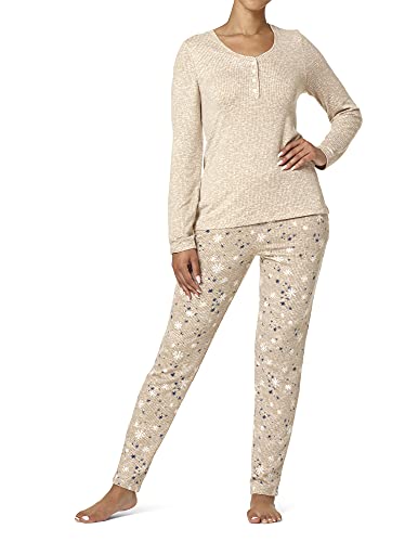Hue Women's Textured Rib Henley Long Sleeve Tee And Jogger Pant 2 Piece Pajama Set, Doeskin-Snowstar, X-Large #TOP16