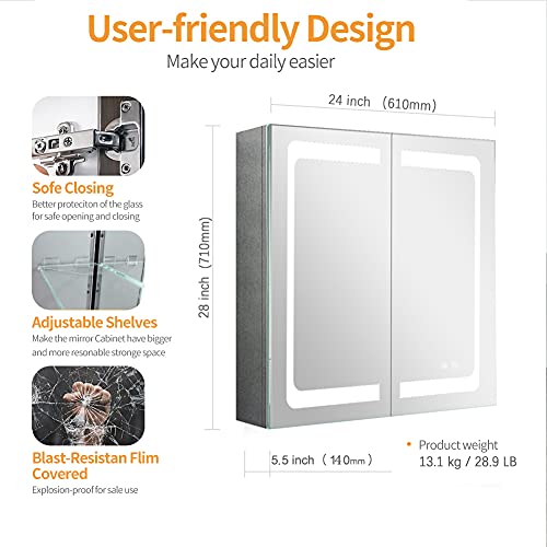 Janboe 24 Inch X 28 Inch Illuminated Led Mirror Cabinet For Bathroom Stainless Steel Wall Mounted Medicine Cabinet With Double Touch Switches For 3 Color Change, Dimmer And Anti-Fog Function #TOP2