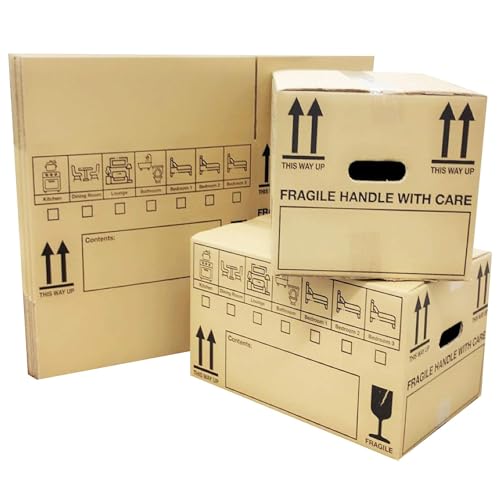 10 Strong Large Cardboard Storage Packing Moving House Boxes 47cm x 31.5cm x 27cm 44 Litres Carry Handles and Room List