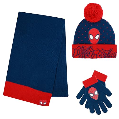 Marvel Spider-Man Kid’s Winter Hat Snow Gloves and Scarf for Boys and Toddlers 3 Pc Set Warm Pom-Pom Beanie with Accessories