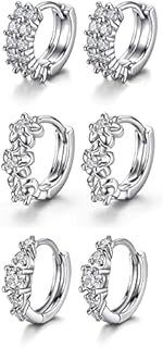JOVIVI 3 Pairs Silver Hoops Earrings for Women,Stainless Steel Cubic Zirconia Small Sleeper Huggie Hinged Hoop Earrings hypoallergenic Jewellery for Ladies Girls Gifts, Diameter 10mm