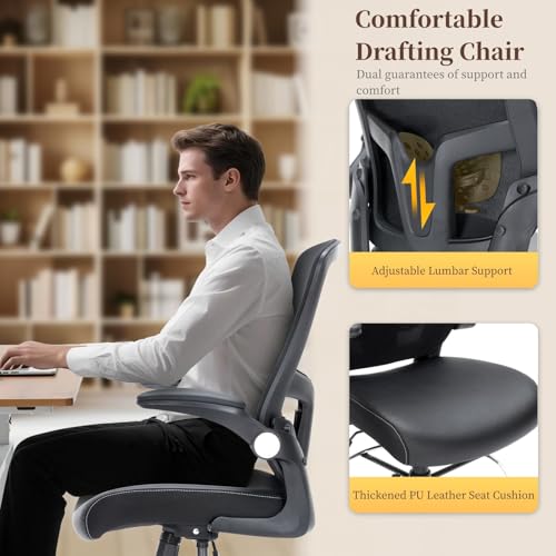 Image of Drafting Chair, Tall Office Chair with PU Leather Seat, Ergonomic Standing Desk Chair with Lumbar Support Counter Height Office Chair with Adjustable Footrest Ring Flip-up Armrests