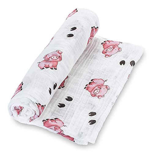 Image of LollyBanks Muslin Swaddle Blankets for Boys and Girls, Large 47 x 47 Inches Baby Blanket, Soft and Breathable 100% Cotton Baby Receiving Blankets, Baby Essentials, Registry (Piggy Farm Theme)