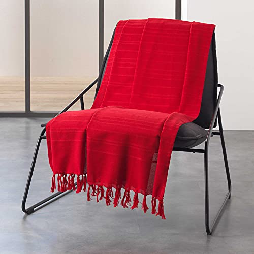 JETE DE CANAPE A FRANGES 220 x 240 CM COTON TISSE LILIA ROUGE