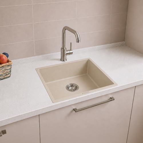 Image of Carissa By Carysil Titanium Quartz Kitchen Sink 18 x 16 x 8 inches, Single Bowl Granite Sink with 80% Quartz & 20% Resin, Heat Resistant 300C, 50kg Load Bearing, Stain Resistant - Off White