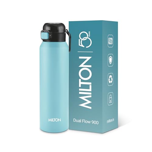 Image of Milton Dual Flow 900 Thermosteel Water Bottle 900 ml with One Touch Safety Lock & Twin Lid Sip or Gulp,Long Hours Hot & Cold,Leak Proof,ISI Certified,Vacuum Insulated,for Office,Gym,School,Sea Blue