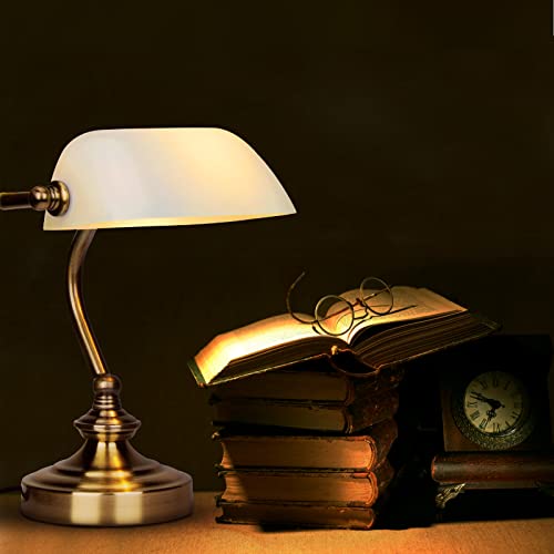 Firvre Glass Bankers Lamp Desk Lamp Classic Retro Bronze Finish G9 Base Plug In Vintage Table Lamp Reading Modern For Home Office Nightstand Bedside Study Desk Library (Mini White) #TOP3