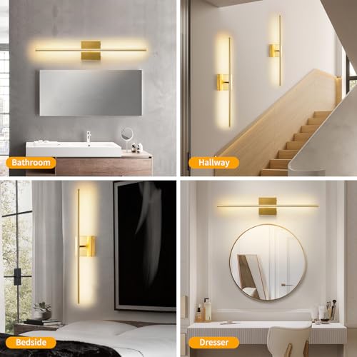 Image of Battery Operated Wall Sconces Set of Two Wireless with Remote Control,350Rotate,3000K-6000K Gold Modern LED Rechargeable Indoor Wall Lights for Living Room,Bedroom,Stairs,27.5 Inch (2 Pack)