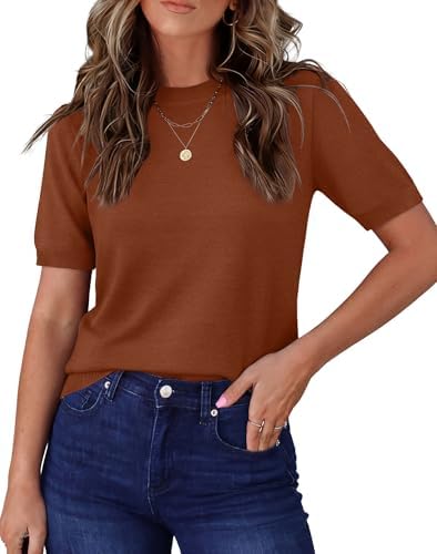 RUMIA Pullover Sweaters for Women Short Sleeve Lightweight Dressy Casual Womens Tops — Caramel