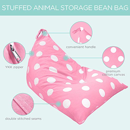 Aubliss Stuffed Animal Storage Bean Bag Chairs Cover, 50"X 35" Extra Large Bean Bags Chair For Kids & Adults, Beanbag Toy Storage For Boys Girls - Premium Cotton Canvas Pink Dot #TOP2