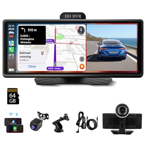 Haudio Pantalla Carplay 10.26' para Coche, Estéreo Portátil para Coche con Apple Carplay Inalámbrico y Android Auto, Cámara Frontal y Cámara Trasera 1080P, Control Voz, GPS, AUX/FM con 64G TF Tarjeta