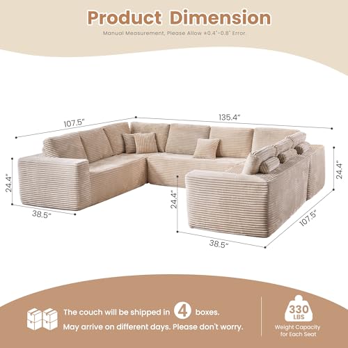 Image of HOOOWOOO Cloud Sectional Couches for Living Room,Modular Sectional Sofa No Assembly,136X110 Inch Plush Corduroy Large U Shaped Floor Couch Set with Deep Seat(Beige)