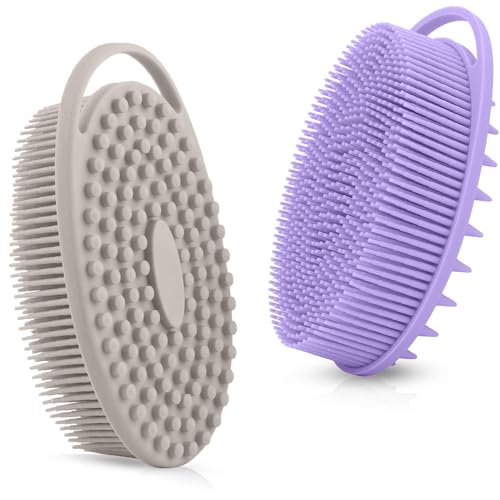 RamPula Silicone Body Scrubber, Silicone Loofah, Quick-Dry Exfoliating Body Brush for Wet or Dry Brushing, More Hygienic Than Traditional Loofah, Long-Bristle Brush, Purple and Starlight