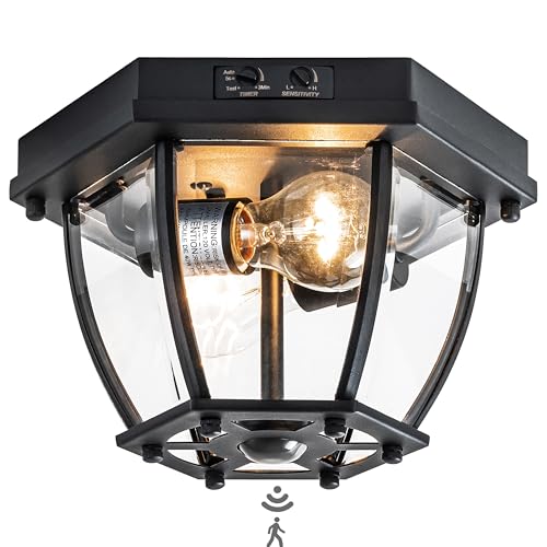 Laplusbelle Motion Sensor Flush Mount Ceiling Light Fixture, 2-Light Outdoor Porch Lights Ceiling Mount, Waterproof Matte Black Manual Dusk to Dawn Flush Mount Light Ceiling Lamp, E26 Socket
