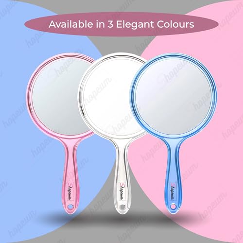 Image of Transparent Double‑Sided Hand Mirror 1X /5X Magnification - 5‑inch Round Acrylic Mirror with Handle & Hanging Hole - Lightweight Portable Makeup & Grooming Tool (Pink)