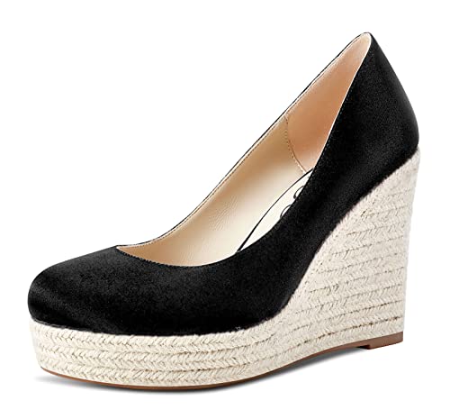 Aachcol Damen Plateau Plattform Keilabsatz Pumps Hoher High Absatz Heel Geschlossene Runde Zehenkappe Slip-on Dress Schuhe Hochzeit Party 10 cm Schwarz Satin 37 EU Cover