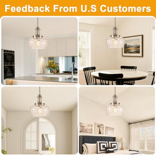 Image of Modern Pendant Lights Kitchen Island, Brushed Nickel Pendant Light Fixtures with 10 inch Clear Hammered Glass Shade, Industrial Hanging Pendant Lights Fixture for Kitchen Island Dining Room Bedroom Foyer