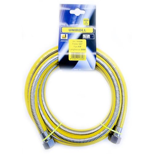 Tuyau flexible pour gaz 3 m - 1/2" FF en acier inoxydable conforme à la norme EN 15266, utilisateurs de gaz domestique UNIROLL