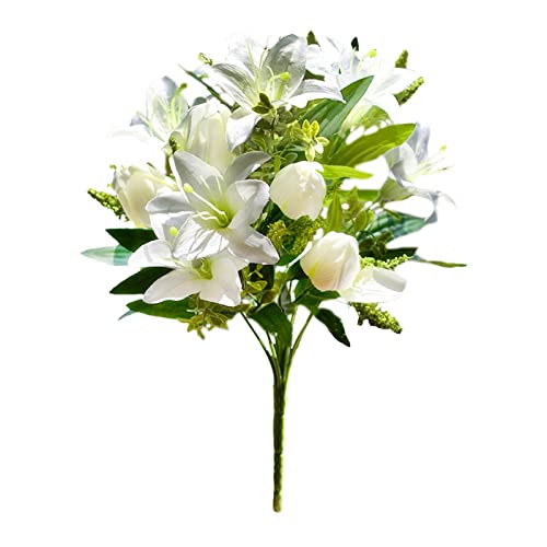 Fyearfly Bouquet de lys et tulipes artificielles, fleurs en tissu de soie pour décoration de tombe, 7 lys et 5 tulipes, 39 cm