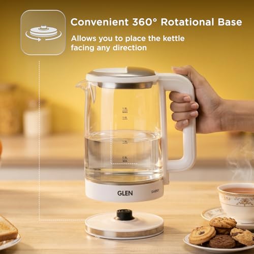 Image of Glen Electric Glass Tea Kettle 1.8 Litre, 1500W Fast Boiling Electric Kettle with 360 Rotational Base, Auto Shut-Off, Boil Dry Protection, Blue LED Light, Cordless Design, White (SA-9001)