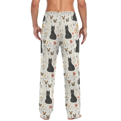 Mens Pajama Pants Black Cats Flowers Moon Butterflies Soft Lounge Sleep Pj Bottoms with Drawstring Pockets3