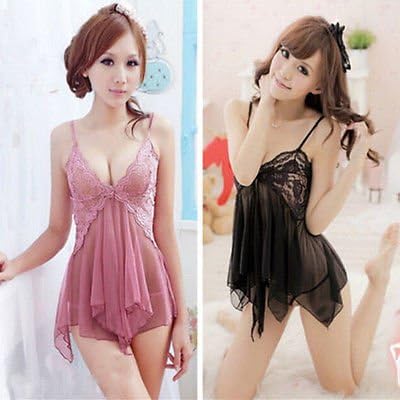 WOMEN Ladies Lingerie Nightgown Sleepwear Set Babydoll Dress + G-string Black Color