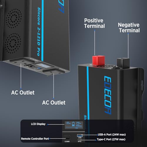 EDECOA-1200W-Pure-Sine-Wave-Power-Inverter-DC-12V-to-240V-AC-Car-Power-Converter-2400W-Peak-with-USB-Port-Type-C-Port-UK-Outlets-with-Display-and-Remote-Controller-and-Remote-controlller