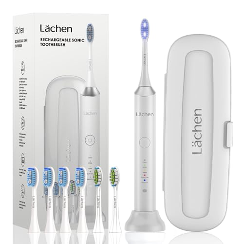 Lächen Elektrische Zahnbürste, Lächen Schallzahnbürste, 5 Reinigungsprogramme mit Reiseetui, 6 Zahnbürstenköpfe, wiederaufladbar, IPX7 wasserdicht, Weiß