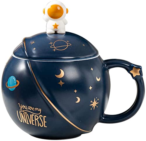 Tiowo Kreative Astronaut Becher mit Deckel und Löffel, Neuheit Raum Design Keramik Kaffeetassen Tee Milch Tasse 400ml (Tiefe Blau)