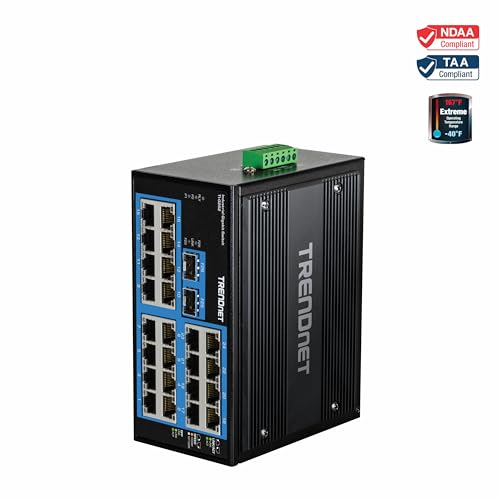 Image of TRENDnet 26-Port Hardened Industrial Gigabit DIN-Rail Switch, TI-G262, 24 x Gigabit Ports, 2 x Gigabit SFP Ports, 52Gbps Switching Capacity, Lifetime Protection, Black
