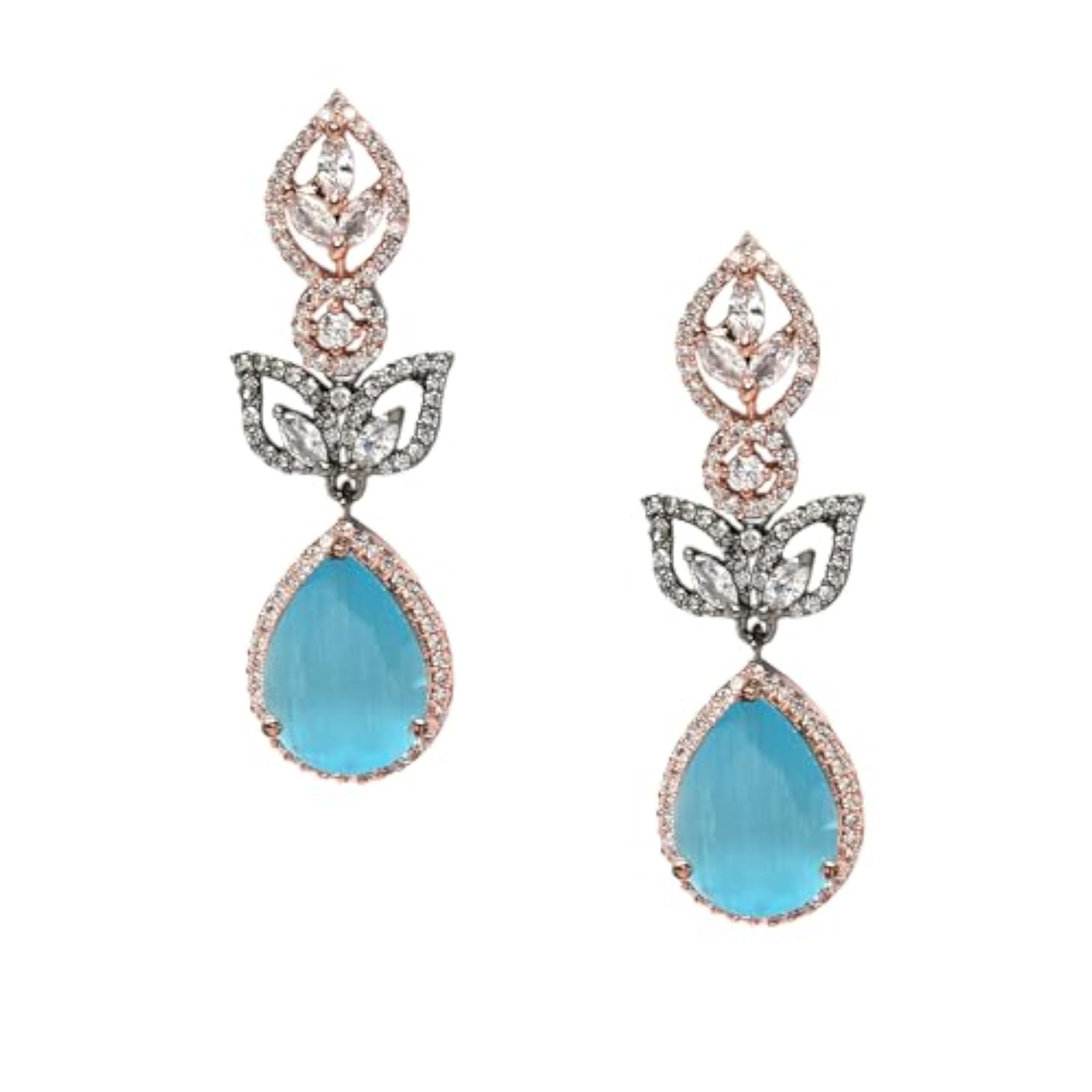 Women's Rose Gold & Oxidised Silver Dual Tone Leaf Teardrop Dangler Earrings